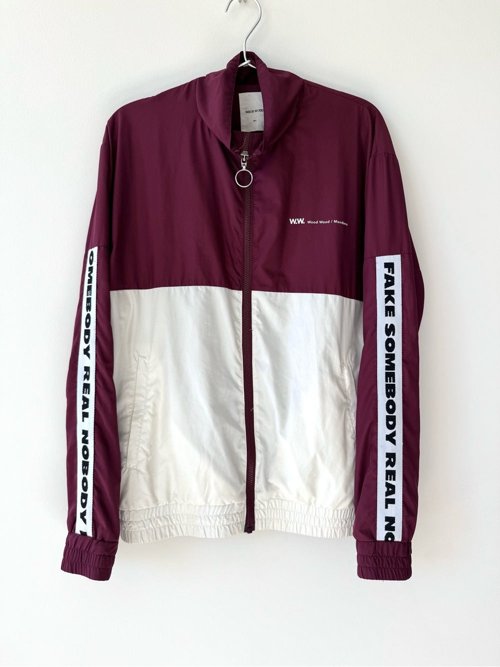 Wood Wood Mesh-Lined Burgundy and White Light Weight Track Jacket - Size Small